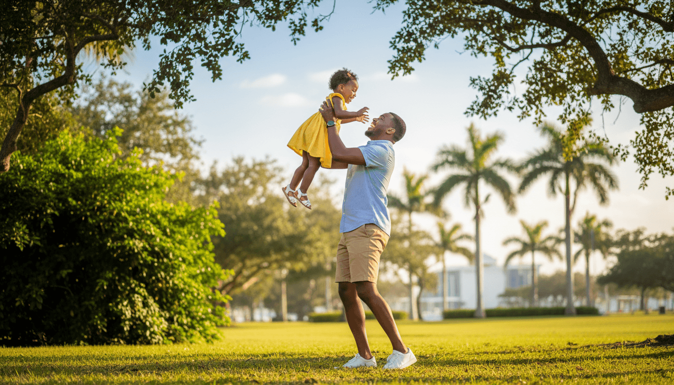 Black father joyfully lifting child in sunny South Florida park