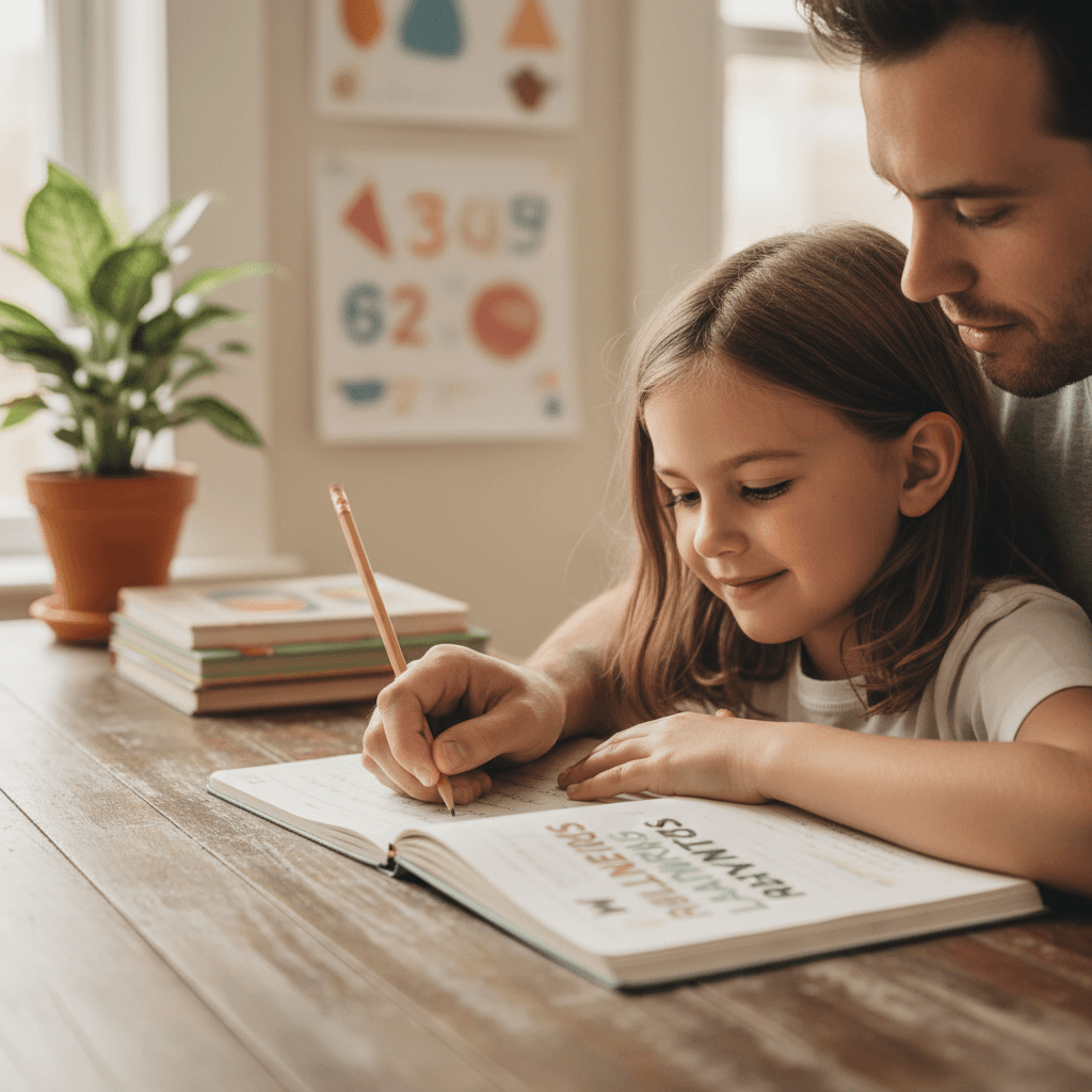 Parent guiding child's hand as they write together at desk in soft natural light, showing supportive learning interaction