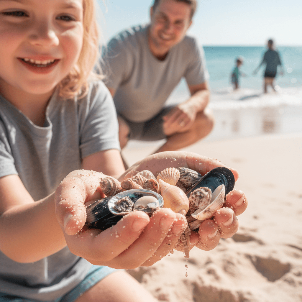 Child's hands holding seashells on beach with family members swimming in background during coastal family vacation