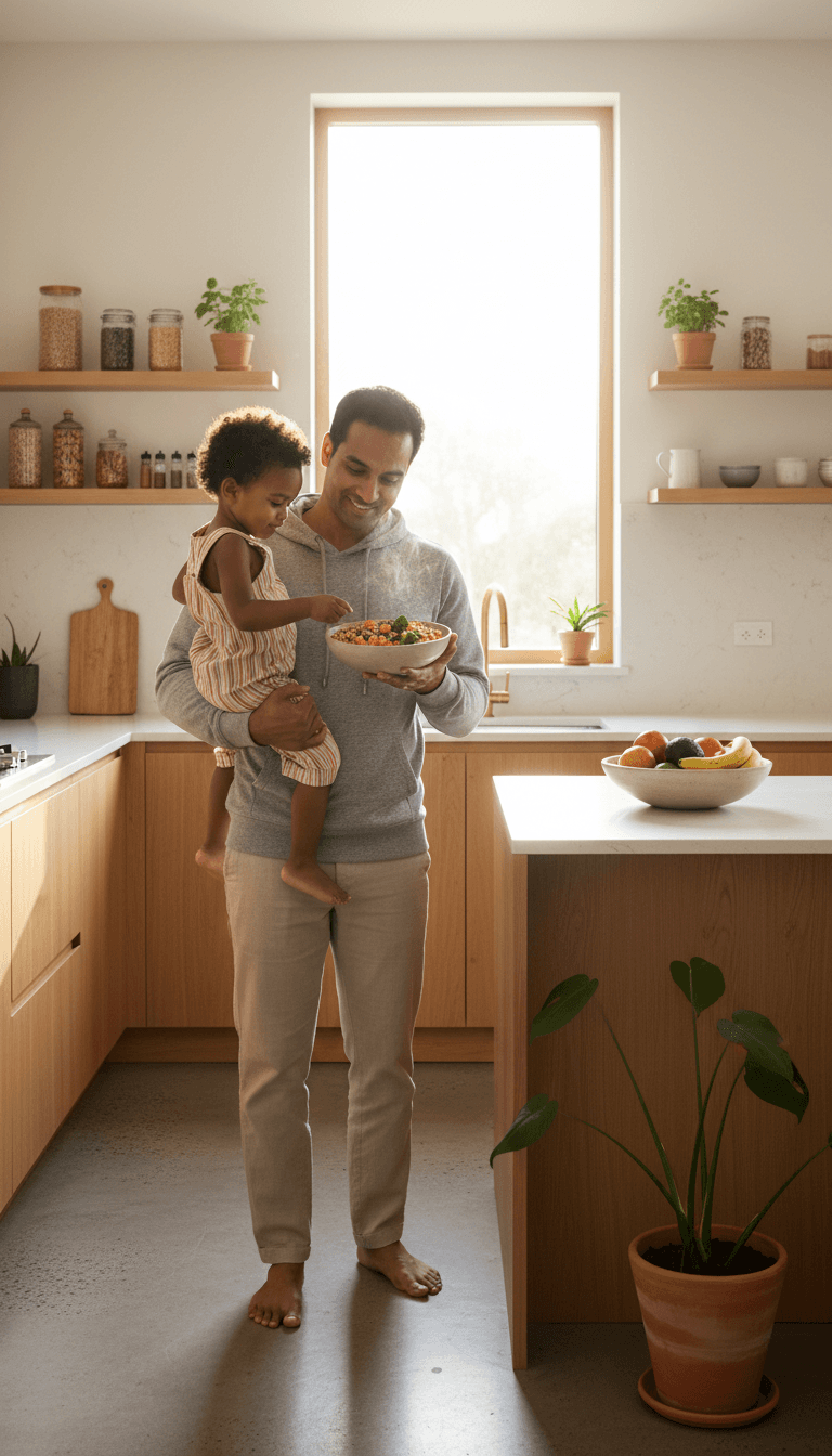 Parent holding young child while preparing nutrient-rich meal in bright, contemporary kitchen