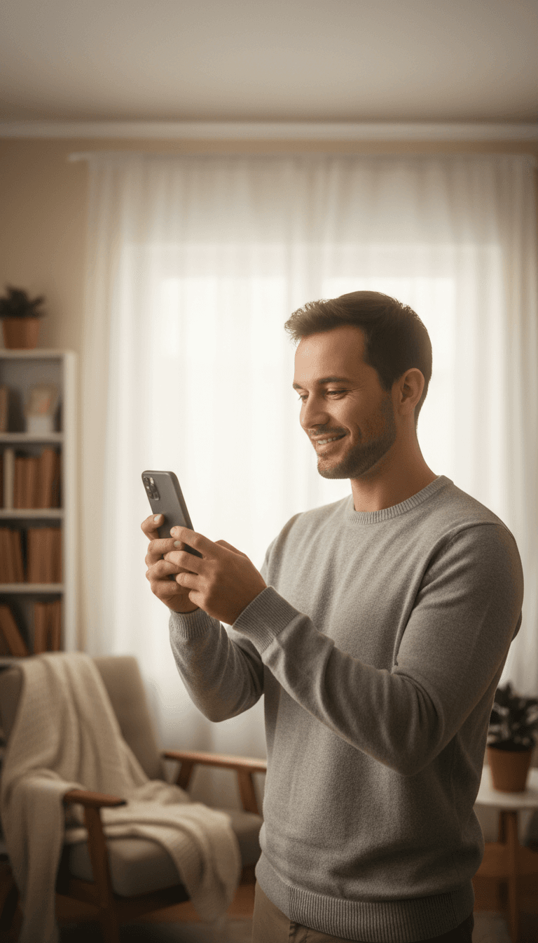 Man holding smartphone for video call with soft natural light streaming through curtains behind him