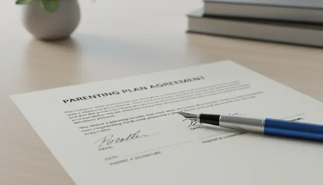 Blue fountain pen resting on a signed Parenting Plan Agreement document on a desk.