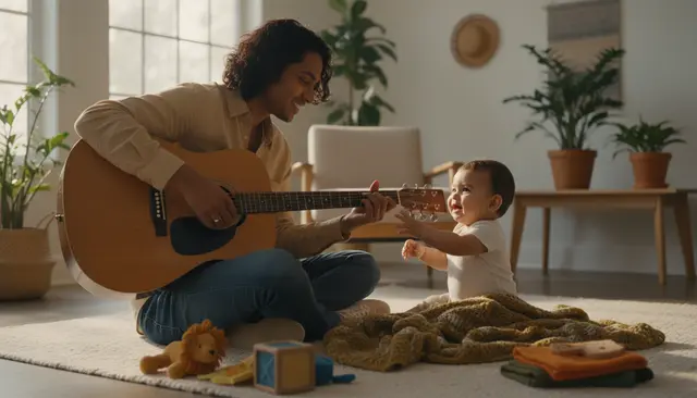 Smiling man plays acoustic guitar for a baby reaching out in a bright, sunlit room.