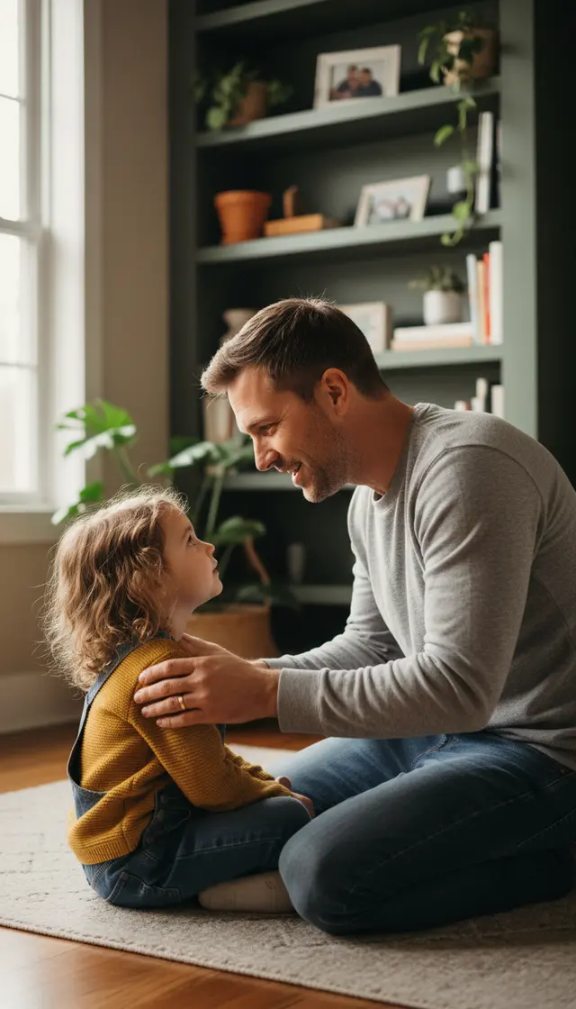 A father and young daughter sitting on a rug, sharing a warm, tender moment.