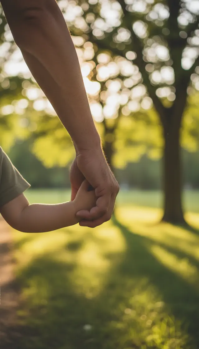 Adult's hand gently holding a child's hand in a sunlit park with golden light.